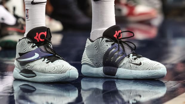 Brooklyn Nets forward Kevin Durant wore the Nike KD 14 shoes against the Philadelphia 76ers on December 30, 2021.